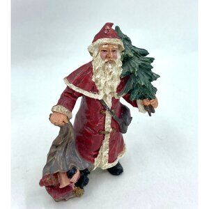 Vintage Christmas Decor Ornament Red Coat Santa Holding Toy Sack and Tree Standi